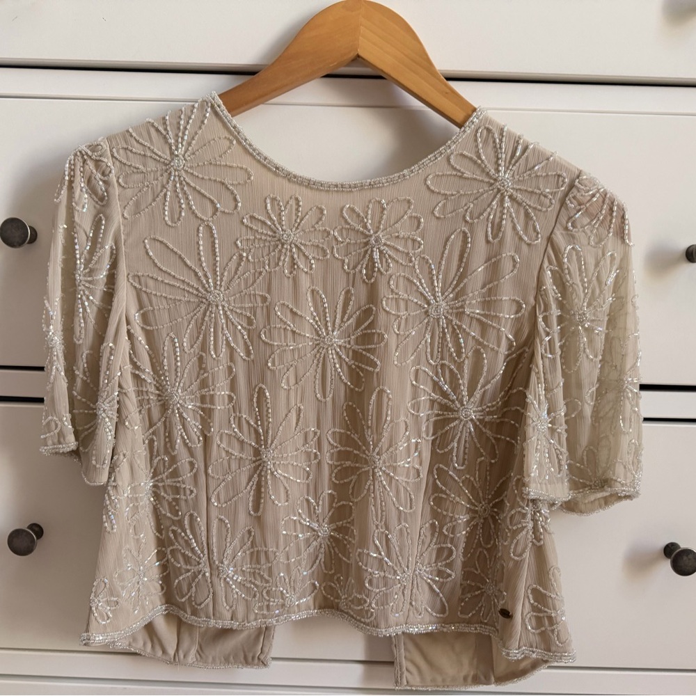 Beaded Floral Mesh Top - Cream